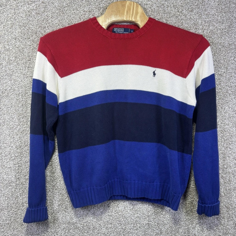 Polo By Ralph Lauren Sweater Mens XL Red White Blue‎ Stripe Cotton Crewneck